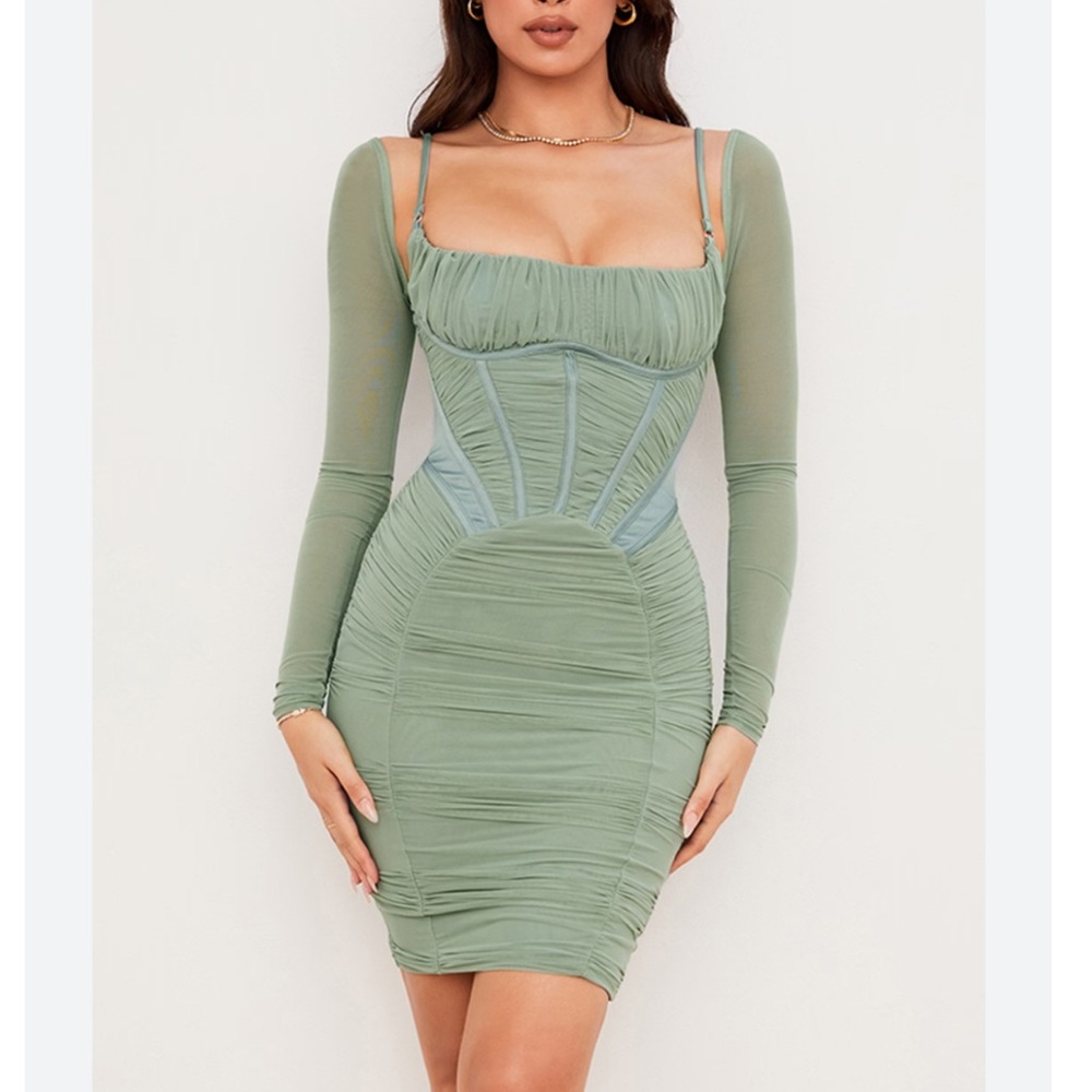 HOUSE OF CB sage green corset long sleeve dress